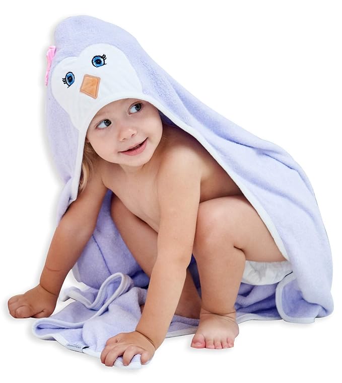 HIPHOP PANDA Hooded Towel - Rayon Made from Bamboo, Bath Towel with Bear Ears for Newborn, Babie, Toddler, Infant - Absorbent Large Baby Towel - Purple Penguin, 37.5 x 37.5 Inch