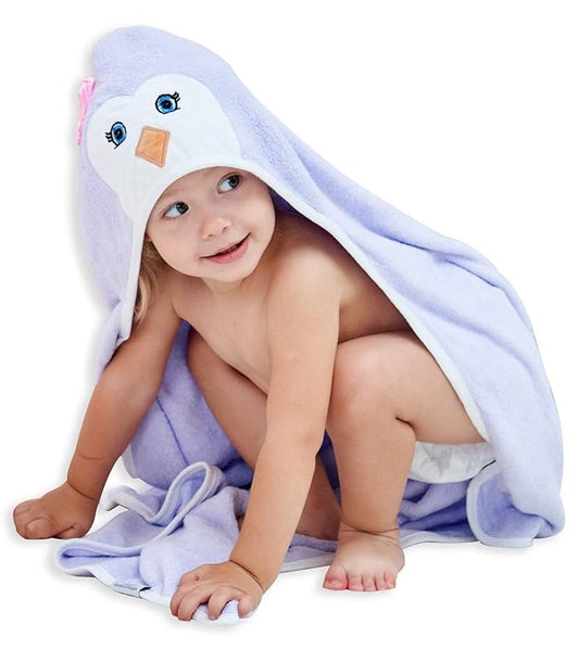 HIPHOP PANDA Hooded Towel - Rayon Made from Bamboo, Bath Towel with Bear Ears for Newborn, Babie, Toddler, Infant - Absorbent Large Baby Towel - Purple Penguin, 30 x 30 Inch