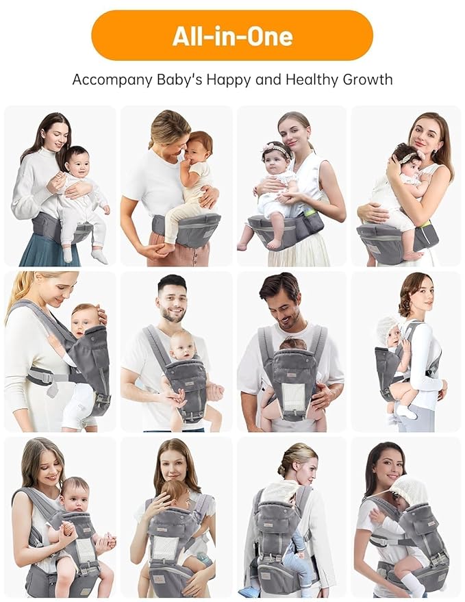 Baby Carrier with Hip Seat, 6 in 1 Baby Carrier Newborn to Toddler, Adjustable Infant Carrier with Hood, All Seasons & All Position Baby Holder Carrier for Breastfeeding