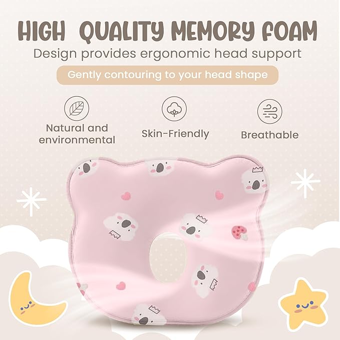 Soft and Breathable Baby Pillow with Memory Foam and Bear Design (Pink Koala)