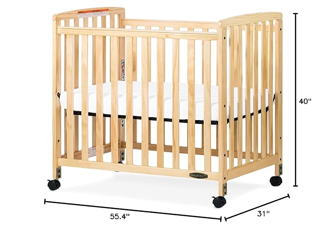 Child Craft Bristol Professional Series Wooden Compact Portable Crib with 3" Mattress and Ultra-Quiet Casters, Durable Wood Construction, Easy Maneuverability (Natural)