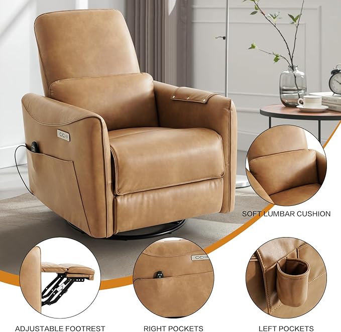 Genuine Leather Modern Electric Swivel Glider Power Recliner Chair with USB and Type-C Ports for Living Room, Power Lift Function, Brown