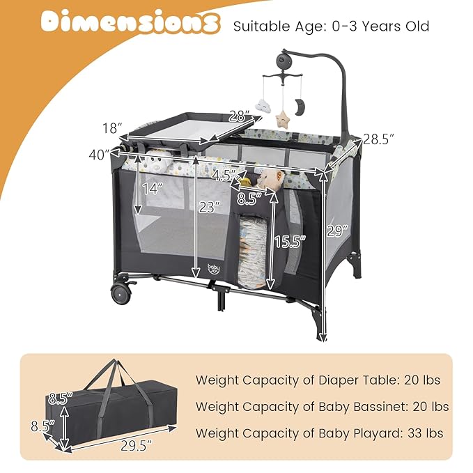 BABY JOY 3 in 1 Pack and Play, Portable Baby Playard with Bassinet, Changing Table, Lockable Wheels, Glowing Music Box, Travel Baby Crib Bassinet Bed from Newborn to Toddler