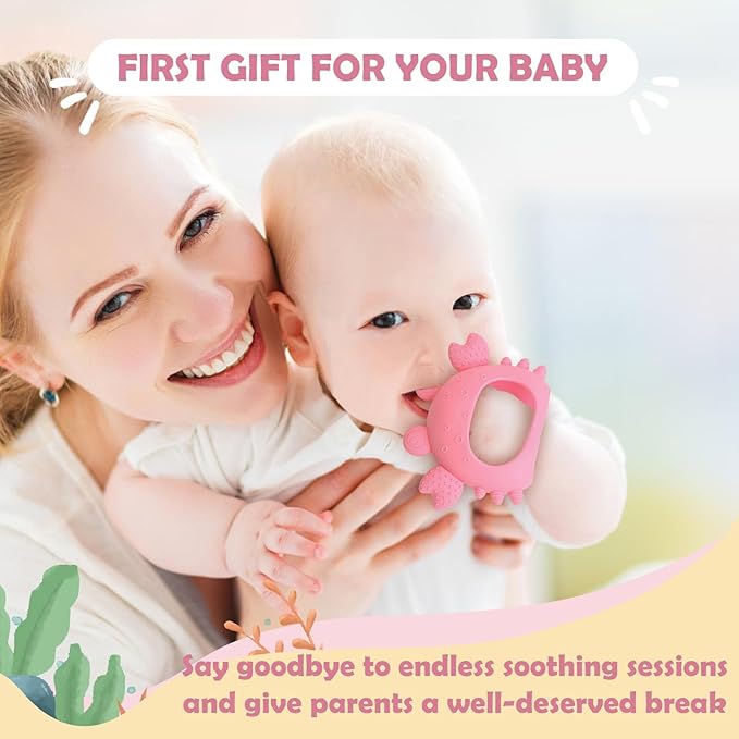 Anboor 2 Pack Baby Teething Toys, Silicone Teethers for Babies 0-6 Months Anti Dropping Hand Teether, Infant Baby Chew Toys for Teething Relief for Newborn Soon-to-be Mothers (Pink,Crab)