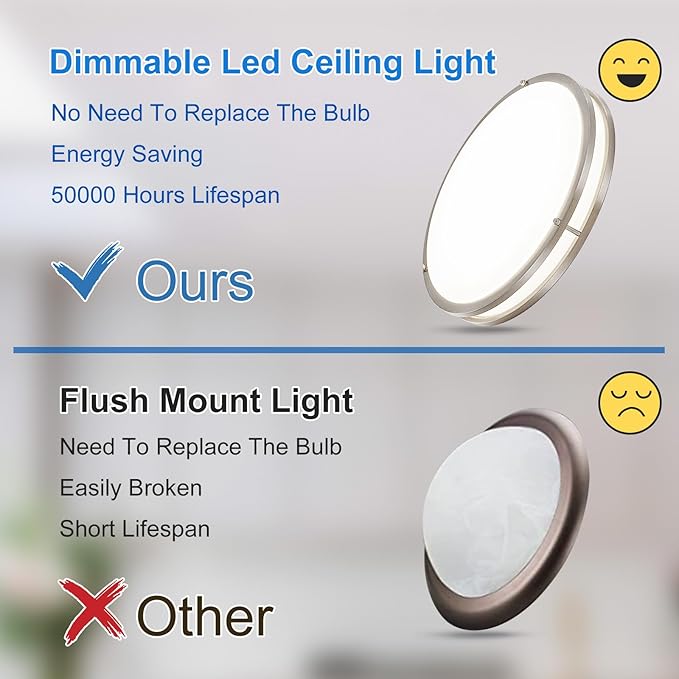DLLT 2Pack Flush Mount LED Ceiling Light: 16 Inch 5CCT (3000K-6000K) & Dimmable Ceiling Light Fixtures for Bedroom Hallway - 36W Modern Brushed Nickel Super Bright Kitchen Lighting Fixtures Ceiling