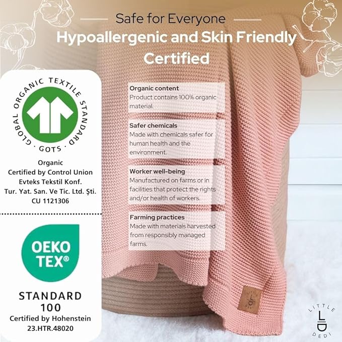 100% Organic Cotton Baby Knitted Blanket with Gift Box - Soft Toddler, Crib, Stroller Blanket - Neutral Swaddle and Receiving Blanket for Newborns, 30"x40", Pink