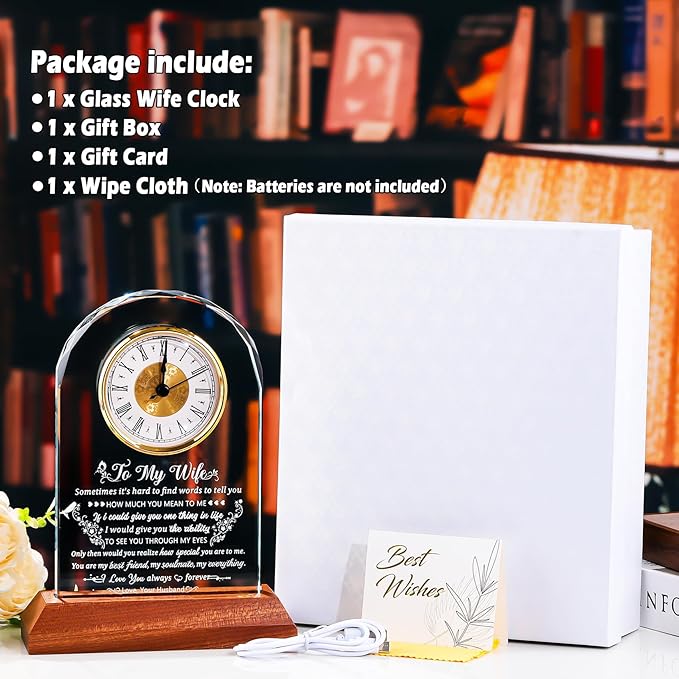 Glass Clock Gifts for Wife from Husband with Wooden Light Base, Personalized Gift for Wife Who Has Everything on Birthday Valentine's Day, Presents for Her on Christmas Home Desk Clock