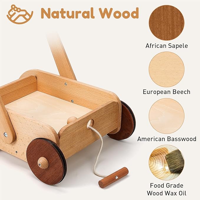 Wooden Baby Walker, Adjustable Speed Anti-Rollover Push Walker Toy for Babies Learning to Walk, Natural Wood Toddler Push and Pull Toys Wagon Birthday Toy for Boy Girl 1-3(Patent Protection)
