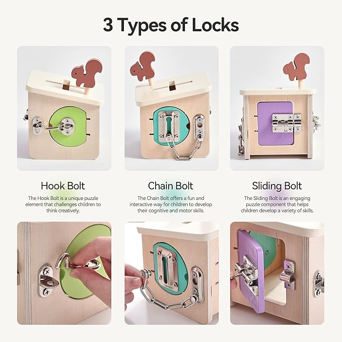 IEATFO Wooden Lock Box STEM Learning Toys for Kids - Montessori Puzzle Cube with 3 Types of Locks (Hook/Chain/Sliding Bolt), Shape Sorting - Early Educational Fine Motor Skills for Boys & Girls