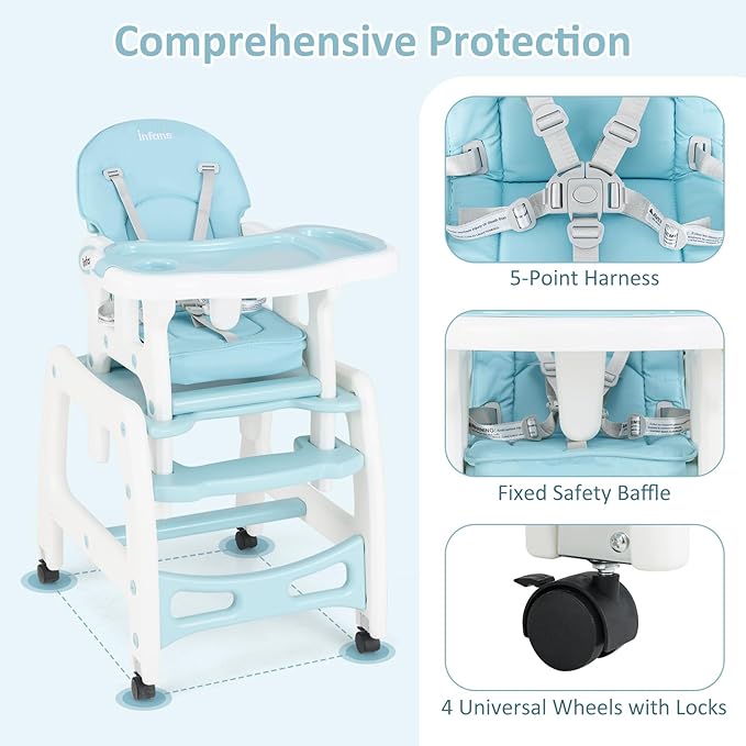 INFANS 5 in 1 Baby High Chair, Convertible Toddler Table Chair Set, Rocking Chair, Multi-Function Seat with Lockable Universal Wheels, Adjustable Seat Back, Removable Trays (Blue)