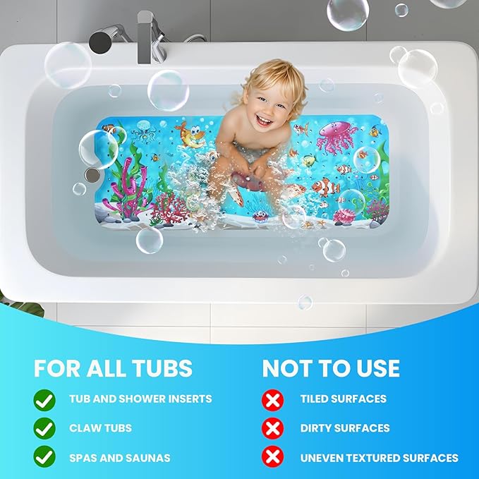 Linoows Baby Bath Tub Mat, 40 x 16 Inch Extra Large Non Slip Kids Cartoon Bathtub Shower Mats with Suction Cups & Drain Holes, Machine Washable for Bathroom, Undersea Sea Turtle