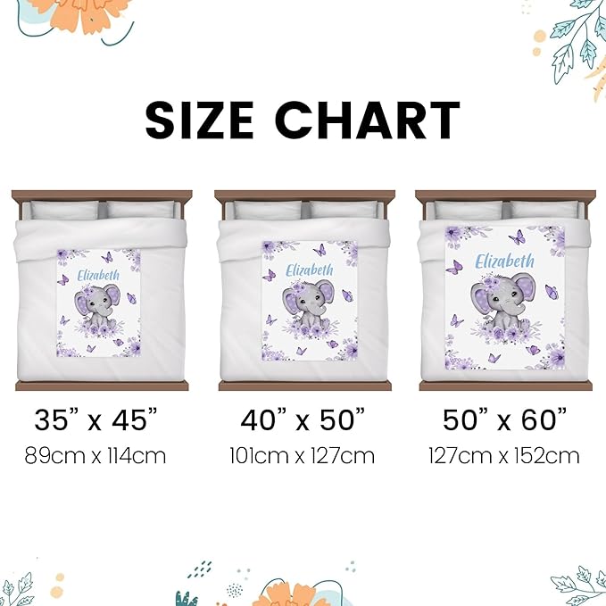Personalized Baby Blanket for Girls Elephant Custom Baby Blankets with Name Dotted Backing Customized Gifts for New Mom Customize Baby Blanket for Kids Newborn Birthday Purple