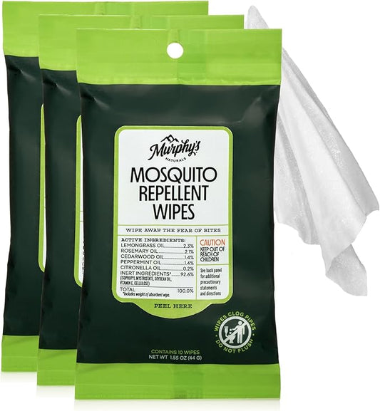 Murphy's Naturals Mosquito Repellent Wipes, Improved Resealable Pack, Plant-Based Lemongrass & Rosemary, DEET-Free, 10 Wipes, 3-Pack