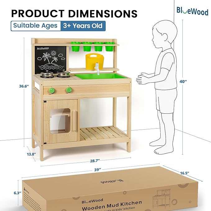 BlueWood Mud Kitchen for Kids Outdoor, Wooden Play Kitchen Set with Sink, Stove, Chalkboard, Montessori Toddler Outdoor Kitchen Playset for Backyard Fun