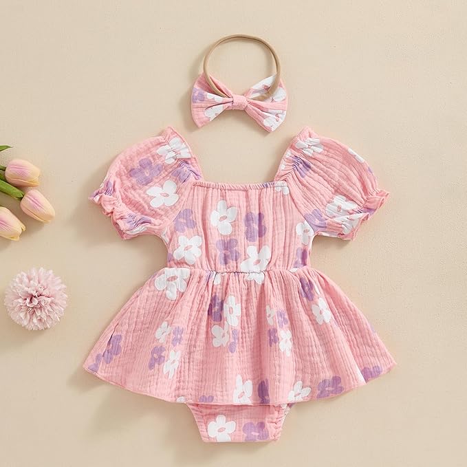 Baby Girls Floral Cotton Leotard Romper Newborn Daisy Playsuits Ruffled Sleeve Onesie Infant Jumpsuit Clothes Headband