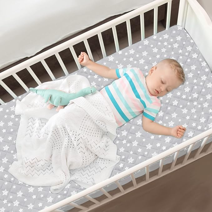 Crib Mattress Protector Waterproof, Quilted Crib Mattress Pad Cover 52" x 28" Extra Soft Breathable Toddler Bed Cover Stretch Up to 8", Grey Star