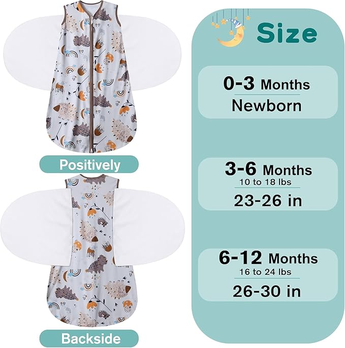 Newborn Sleep Sack Baby Swaddle,3-Way Adjustable Wearable Blanket,100% Rayon Cotton Swaddling Sleeping Bag，TOG 0.5 (Fox & Dinosaurs, 3-6 Months)