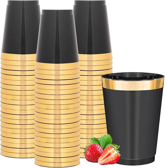 supernal 100pcs Black and Gold Plastic Cups 10oz Disposable Cups with Gold Rim, Elegant Black Plastic Cocktail Glasses for Wedding, Birthday, Halloween, Christmas & Thanksgiving Parties