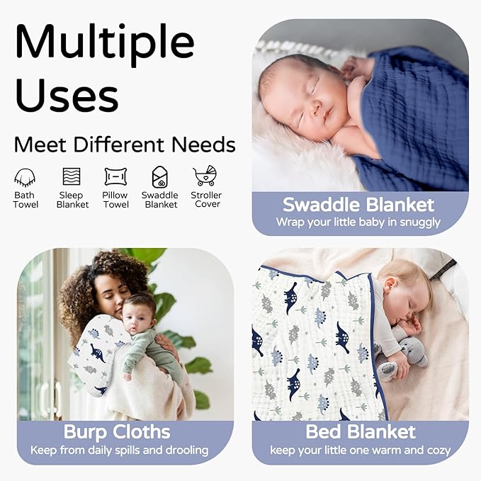 Yoofoss Hooded Baby Towels for Newborn 2 Pack 100% Muslin Organic Cotton Baby Bath Towel with Hood for Babies, Infant, Toddler and Kids, 32x32Inch, Soft and Absorbent Newborn Essential, Navy Dinosaur