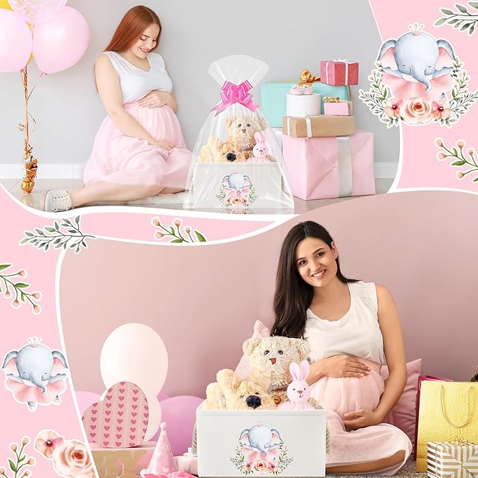 Pickmesh Baby Shower Storage Basket with Gift Bags Rectangular Ribbons Collapsible Canvas Storage Bin with Handles for Diaper Organizing Toy Home DIY Gift Basket, 13 x 9. 1 x 7. 1 Inch(Pink Elephant)