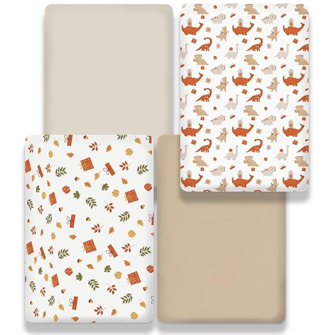 Bimocosy Mini Crib Sheets,Pack and Play Sheets for Baby Girl Boy 4 Pack,Size 38"x 26" for Playard Mattress,Portable Mini Crib,Soft Pack N Play Sheets Fitted, Dinosaur/Leaves/Khaki/Ivory