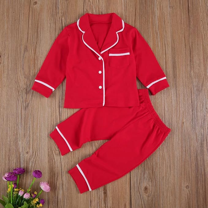Toddler Kids Baby Girl Solid Pjs Ruffle Long Sleeve Button Shirt Top and Pants Cotton 2Piece Pajamas Set