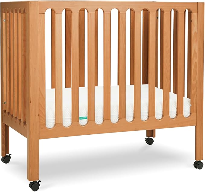 Newton Baby Galileo Mini Crib Solid Beech Wood with Wheels in Chestnut Color, Mini Crib Mattress Included, Adjustable Mattress Height, Ultra-Safe Non-Toxic Finish