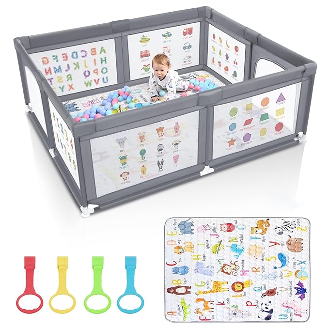 Premium Baby Playpen with Mat, 71x60 Inches Extra Large Playpen for Babies and Toddlers, Indoor & Outdoor Activity Center, Safety Baby Play Pen with Gate Prints