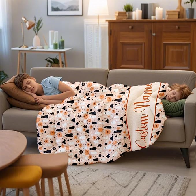 Ship Next Day, Personalized Halloween Blanket for Boys Girls - Printed in USA, Custom Baby Blanket with Name Super Soft Plush Flannel, Halloween Decor Christmas Brithday Gifts for Kids Toddlers
