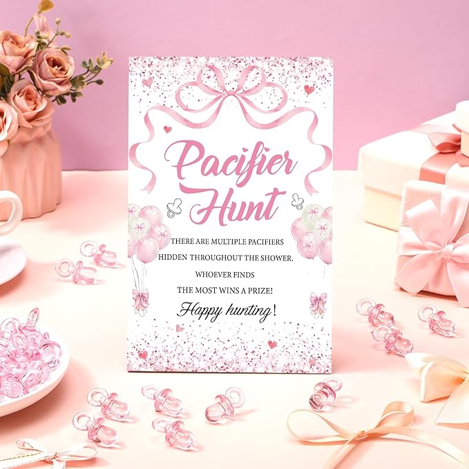Thyle 51 Pcs Pacifier Hunt Baby Shower Games Include Hunt Sign and 50 Acrylic Pacifiers for Baby Shower Game Decoration Gift Sets Gender Reveal Party Decor(Pink Bow)