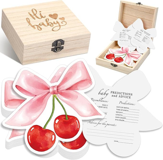 50 Pcs Cherry on Top Baby Shower Decorations Double Side Baby Predictions & Advice Cards for New Parents Cherry Shower Games with Cards Wooden Keepsake Box for Wishes Decorations