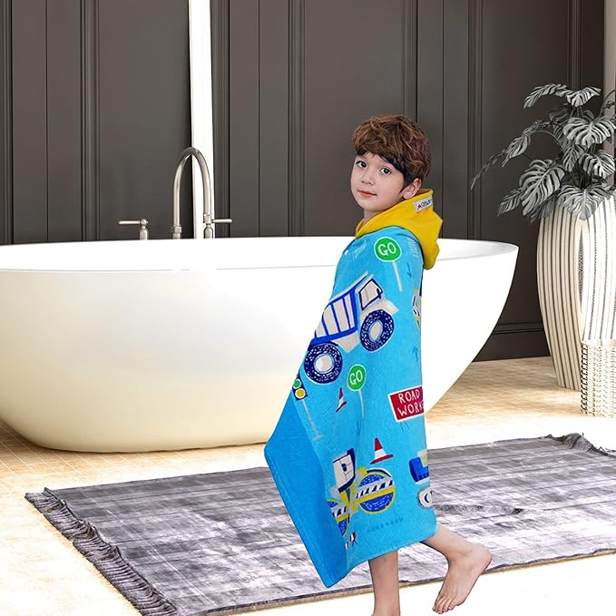 VOOVA & MOVAS Kids Towels Age 3-10, 30''X50, Soft | Thick | 100% Cotton, Large Absorbent Beach, Bath, Pool, Swim Towels | Cover up for Boys | Excavator Vehicle