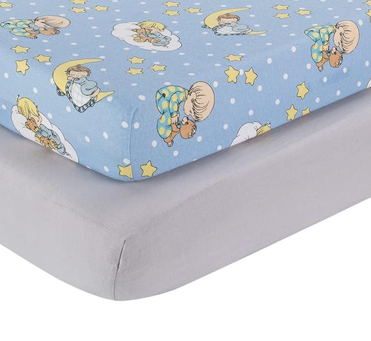 2 Pack Fitted Crib Sheets for Boys in 100% Jersey Knit Cotton – Blue and Yellow Precious Moments Design Plus Solid Gray Boy’s Crib Mattress Sheets by Everyday Kids