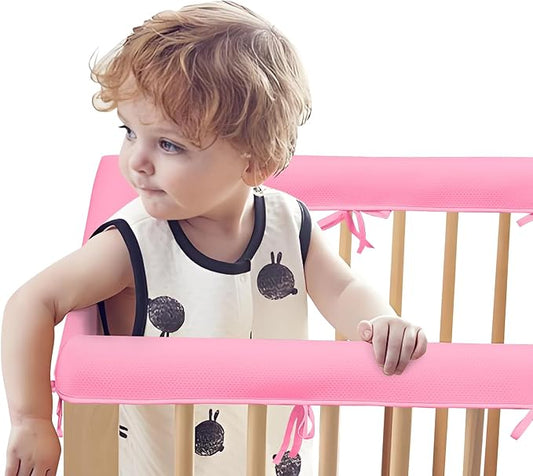 3PCS Crib Rail Covers for Teething, Soft Mesh Rail Protector,Mesh Teething Edge & Corner Guard Coverage Straps for Full Size Crib (Pink)