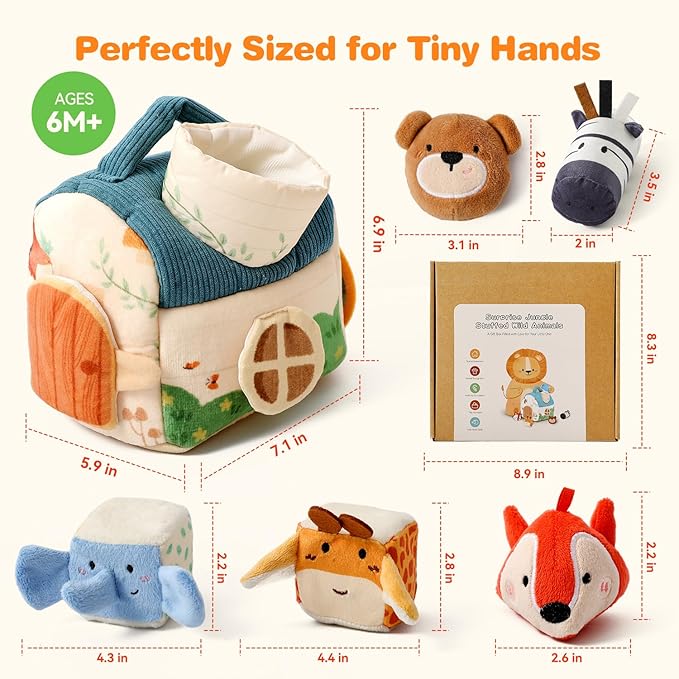 Baby Toys 6-12 Months, Forest Animal Soft Plush Set - Rattle, Crinkle Paper & Mirror, Busy Montessori Toys for Babies, Sensory Gifts for Toddlers 1-3 Years Old