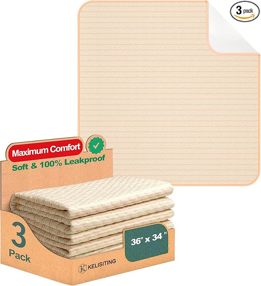 Bed Pads for Incontinence Washable Waterproof, 36" x 34" (Pack of 3) - Reusable Medium Bamboo Fiber Pee Pads for Adults, Women, Elderly, Pet, 4-Layer Underpads for Sofa, Couch, Furniture - KELISITING