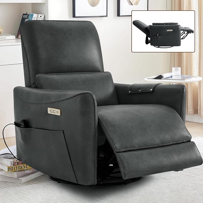Swivel Glider Rocking Recliner, Power Recliner Chairs with Massage & Lumbar Support, Upholstered Faux Leather Reclining Sofa Chair for Living Room & Nursery (Darkgrey)