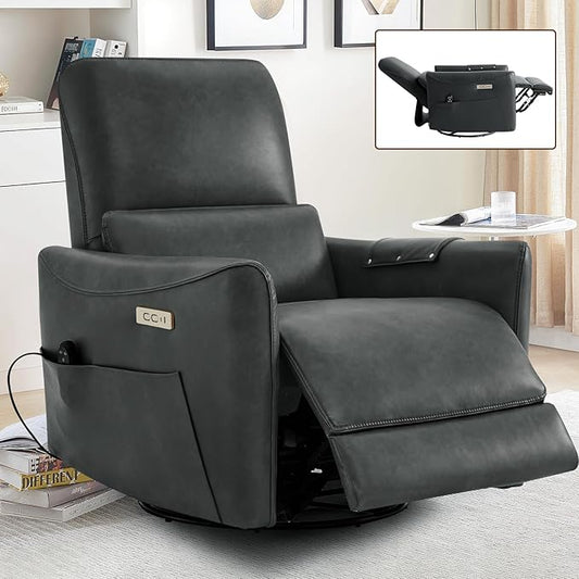 Swivel Glider Rocking Recliner, Power Recliner Chairs with Massage & Lumbar Support, Upholstered Faux Leather Reclining Sofa Chair for Living Room & Nursery (Darkgrey)