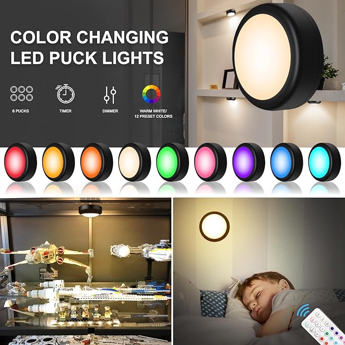 BLS LED Puck Lights with Remote Control, 13 Color Changing Under Cabinet Lighting Wireless, Push Battery Operated Night Light, Tap Battery Powered Stick on for Closet,Kitchen,Stairs,Step, Black 6 Pack