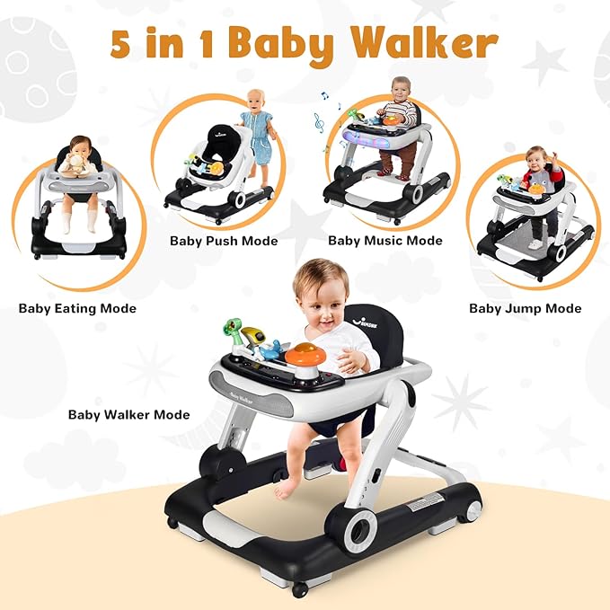 5 in 1 Baby Walker, Activity Baby Walker-Baby Bouncer, Rocker, Activity Center,Seat and Push Walker,Detachable Trampoline Mat, Adjustable Speed Rear Wheels and Height,Ages 6-18 Months (Black)