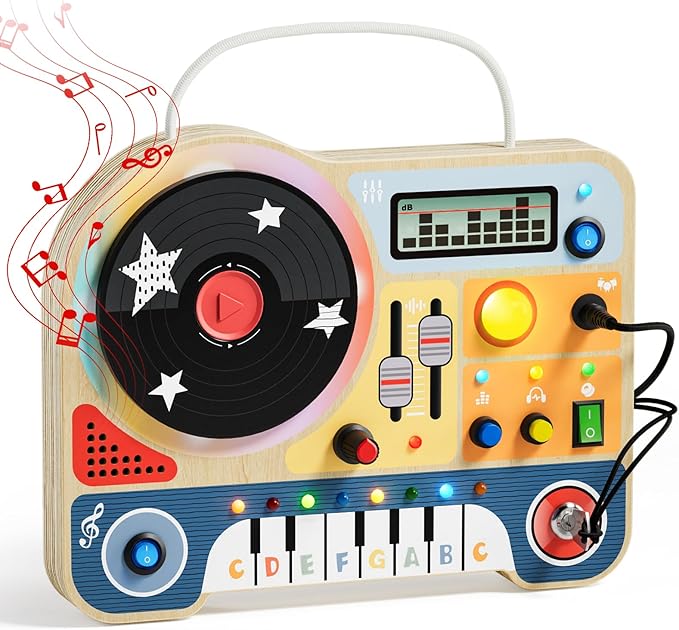 TOP BRIGHT DJ Busy Board with LED Light, Wooden Toddler Toys for 3 Year Old Boys and Girls, Montessori Sensory Toy with 6 Classic Songs 4 Sound Effects, Portable Travel Toy for 36M+