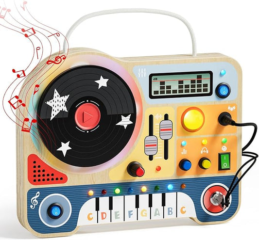TOP BRIGHT DJ Busy Board with LED Light, Wooden Toddler Toys for 3 Year Old Boys and Girls, Montessori Sensory Toy with 6 Classic Songs 4 Sound Effects, Portable Travel Toy for 36M+