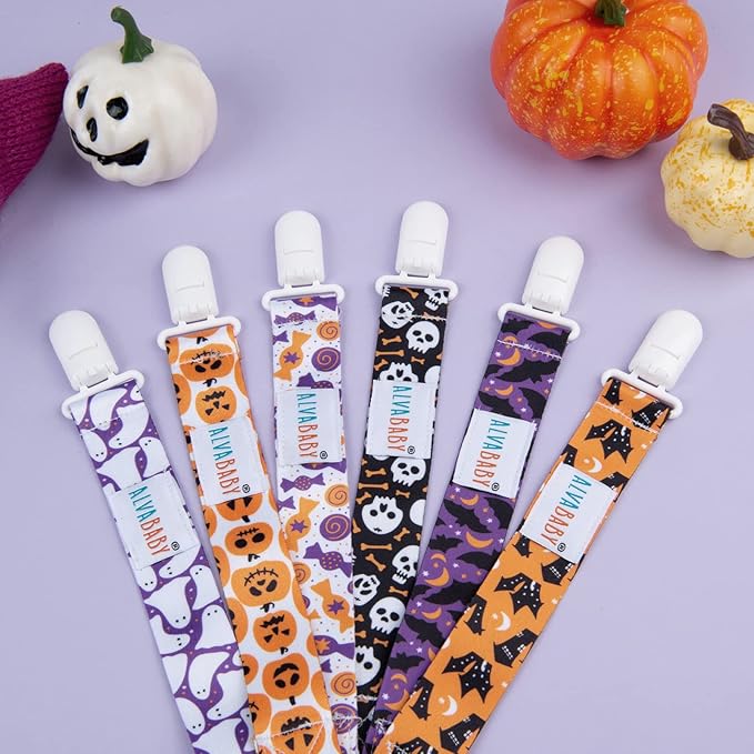ALVABABY Baby Pacifier Clips for Boys Girls Halloween Pacifier Universal Holder Leash Pacifier Clip Binky Holder for Teether Toys Soothie 6 Pack 6DBP05-1