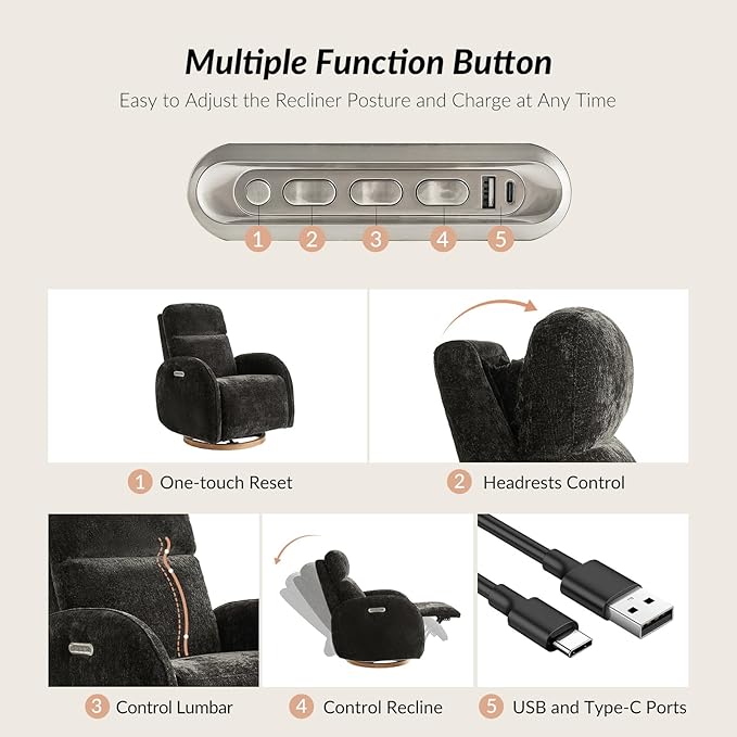 HULALA HOME Glider Recliner Nursery Chair with Adjustable Headrest and Lumbar Support, Modern Power Recliner with USB Port and Nightlight, Swivel Rocker Glider for Nursing Room Bedroom, Black