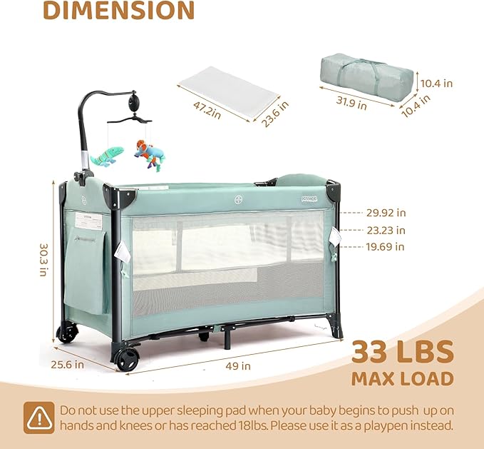JOYMOR Baby Bassinet, Pack and Play with Bassinet and Carry Bag, Convert to Bedside Sleeper with Toy, Wheels for Boys Girls (Green)