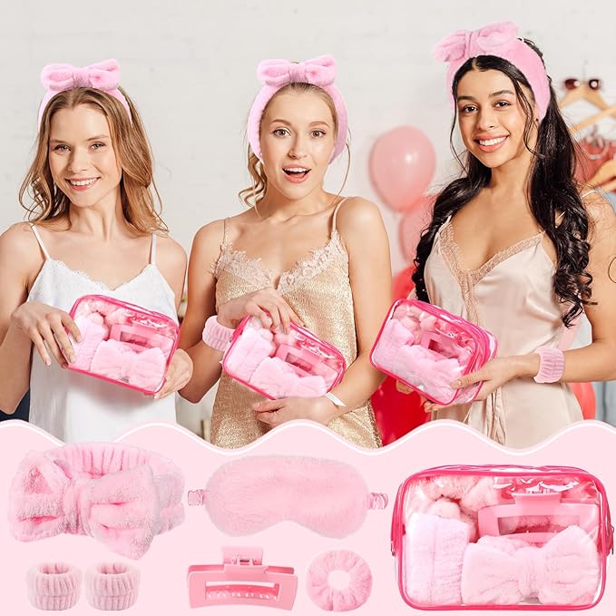 42 Pcs Spa Sleepover Party Supplies Include 6 Sleep Eye Mask 6 Spa Headband 12 Wrist Washband 6 Velvet Scrunchies 6 Hair Claw Clips 6 Clear Cosmetic Bags for Girls Slumber Party Favors Gift