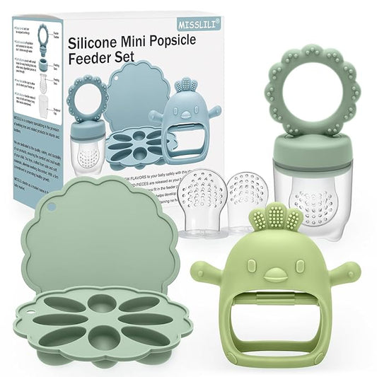 Baby Silicone Fruit Food Feeder Pacifier & Breastmilk Popsicle Freezer Molds,BPA Free Baby Food Storage Containers Frozen Ice Tray for Baby Feeding Safely, Infant Fruit Teething Toy (Green)