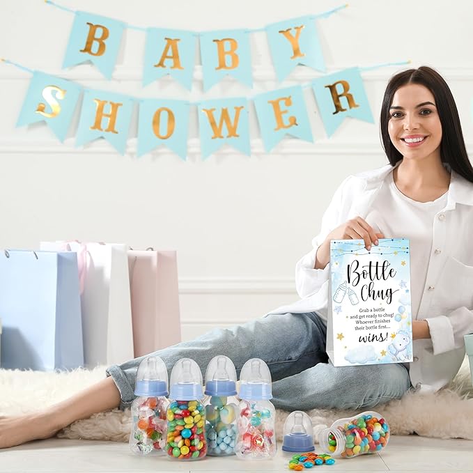 TrelaCo Bottle Chug Baby Shower Game 20 Pcs Baby Bottles Shower Favor with 1 Elephant Theme Sign for Gender Reveal Party Supplies Gifts(Blue)