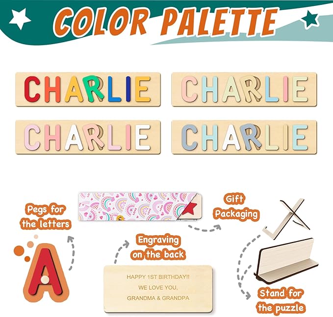 Name Puzzle for Kids Personalized, Custom Baby First Birthday Easter Gift, Montessori Learning Toddler Toy for Boy Girl, Alphabet Puzzle