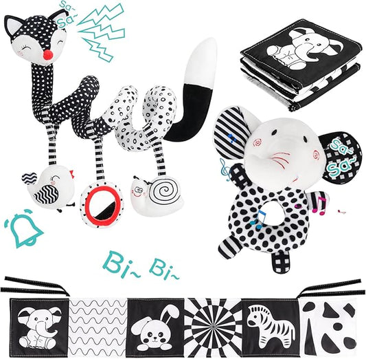3 Pcs Car Seat Toys for Babies 0-6 Months，Black and White Baby Hanging Rattle Toys for Crib Mobile，High Contrast Baby Toys for Newborn Toys，Infant Sensory Toy Best Gift for 0-6 6-12months